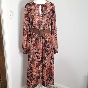 Shein Rust & Black Paisley Midi-Dress, Wide Belt, Bishop Sleeves Sz 12,XL, NWOT